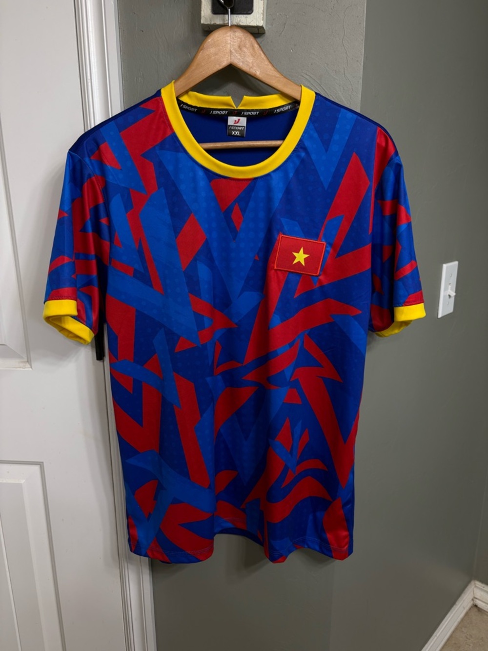 Men's Red & Blue Graphic Jersey with Yellow Trim
